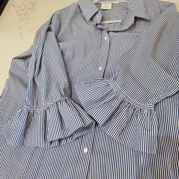 Gretchen Scott Priss Blouse Striped Shirt XL Navy White Button-Down Bell Sleeves - Picture 6 of 10